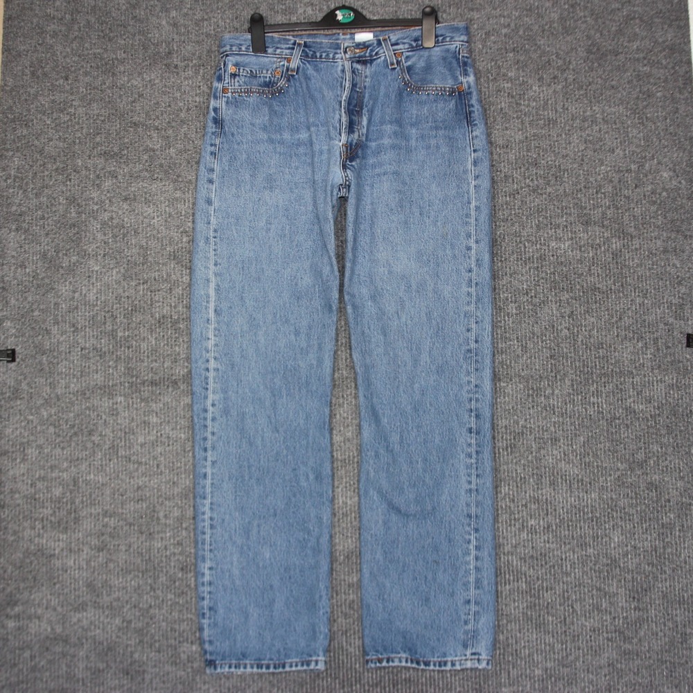 Mens Levis 501 Button Fly Jeans Blue Denim W36 L34 Straight Fitā Studded